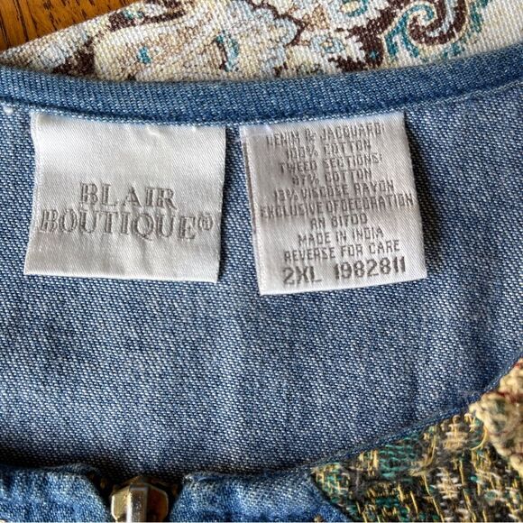 Tapestry Denim Swing Shacket Tweed Trim Pearls Zipper Front Vintage 2X - Picture 5 of 8